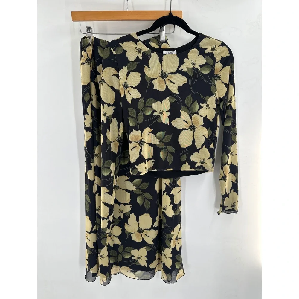Evereve Z Supply Floral Mesh Two Piece Set Long Sleeve Maxi Skirt Black Yellow